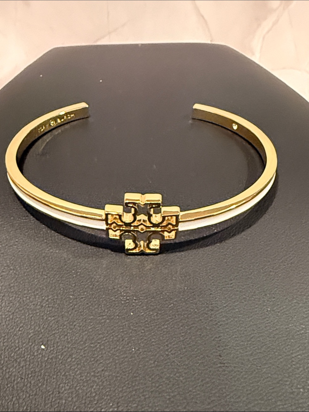 Tory Burch | Gold Plated & White Enamel Logo Open Cuff Bracelet